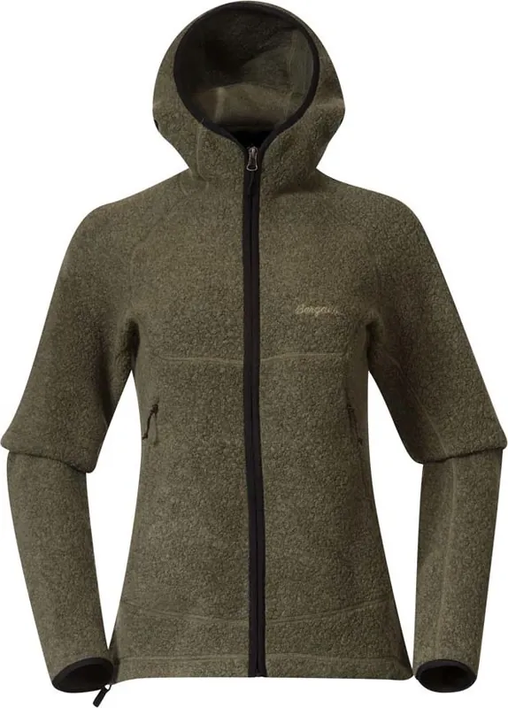 Bergans Women's Vaagaa Merino Terry Midlayer Hoodie Green Mud Fri frakt